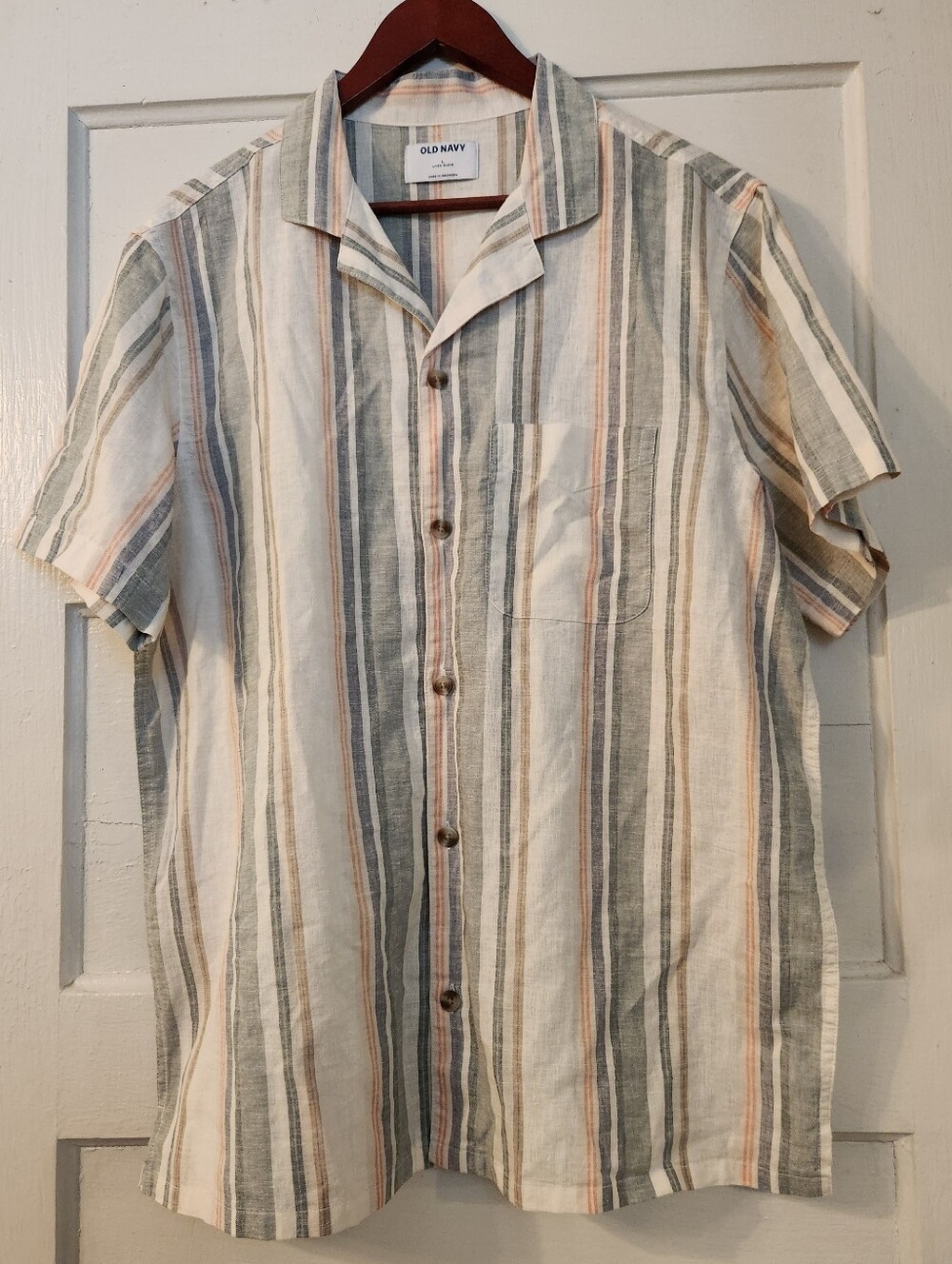 Old Navy Men's Shirt, Linen Blend, Camp Collar, Button Down Striped NWT Sz Large